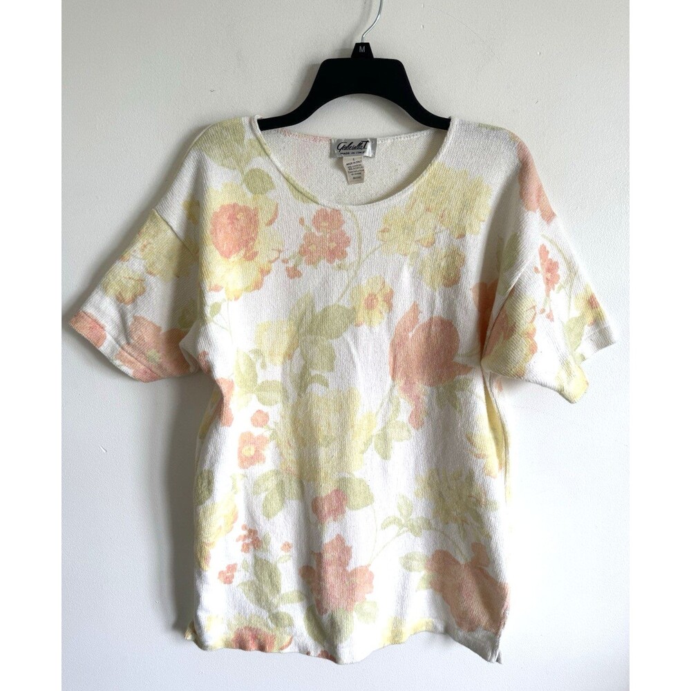 VTG Floral Sweater Cottagecore S/S Top Italy Gabriella T Pastel Floral Boxy L